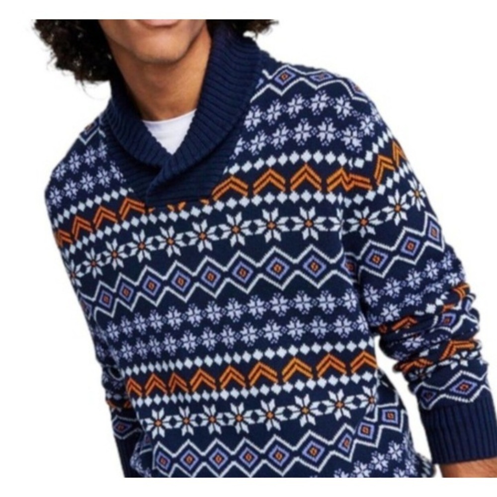 Sun + Stone Men's Fair Isle Pattern‎ Shawl-Collar Ribbed Sweater Blue Med